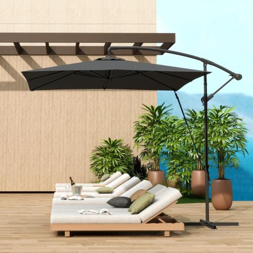 Parasol Excéntrico 247x247 cm con Base Cruzada Manivela Funda Protectora y Toldo Giratorio 360° Gris Oscuro