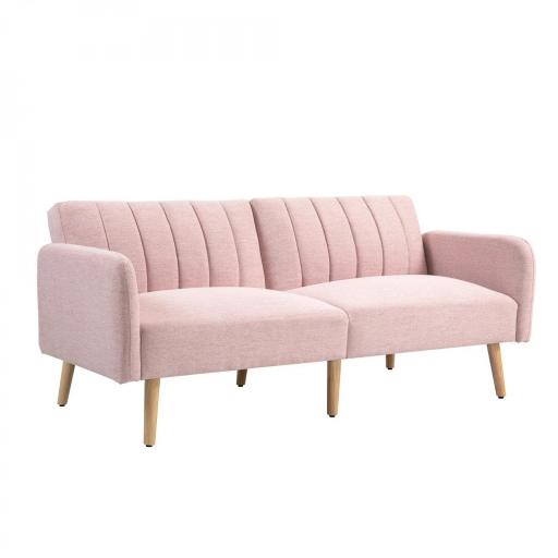 Sofá Cama de 3 Plazas Rosa Pastel Tapizado en Lino Sintético con Respaldo Ajustable y Reposabrazos Desmontables 173x75x73 cm Rosa [8]