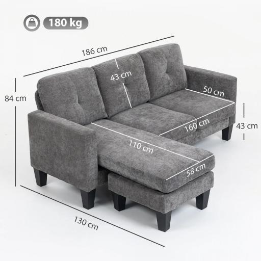 Sofá Chaise Longue Reversible con Estructura de Acero Tapizado en Chenilla 186x130x84cm Gris Oscuro [1]