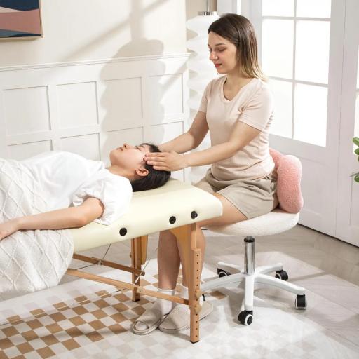 Taburete con Ruedas Respaldo Altura Regulable 63-77 cm Tapizado en Tejido de Borreguito Blanco y Rosa [5]