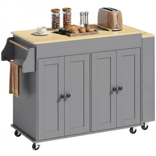 Isla de Cocina con Ruedas Encimera Extensible 4 Puertas Estantes Ajustables Especiero y Soporte para Toallas Gris [9]