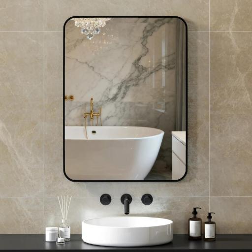 Espejo de Baño Rectangular con Marco Metálico Espejo Decorativo para Dormitorio Comedor o Entrada 60x80 cm Negro