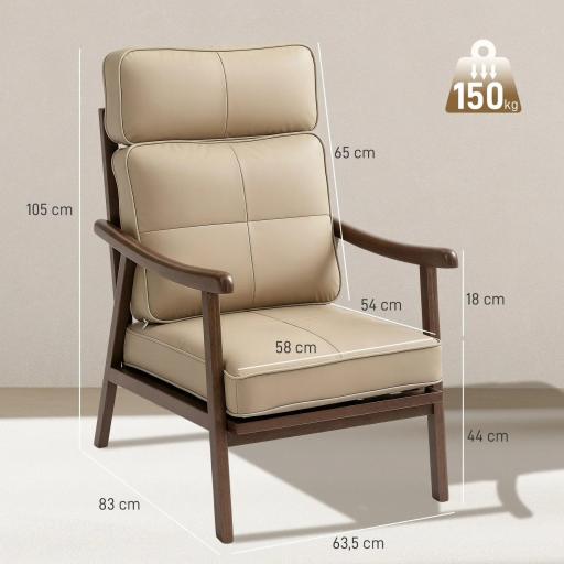 Sillón de Salón Tapizado en PU con Marco de Madera Cojines Acolchados Gruesos Caqui y Madera Nogal [1]