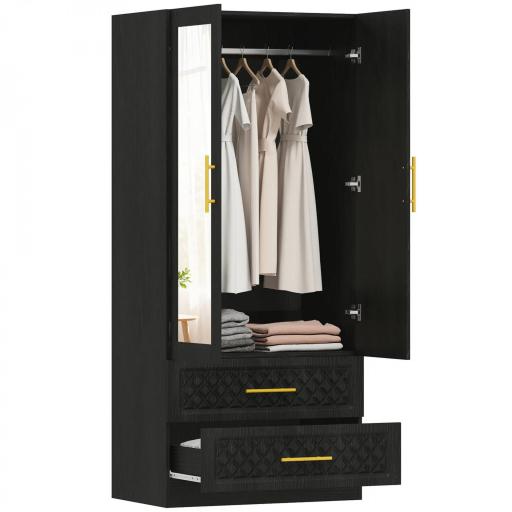 Armario Ropero con Espejo 2 Puertas y 2 Cajones Relieve de Diamante Barra para Colgar 80x50x180 cm Negro [10]