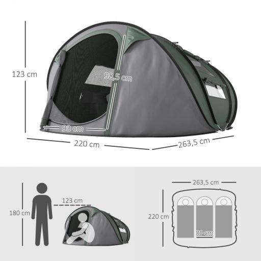 Tienda de Camping Pop-up con Ventanas Bolsillos y Bolsa de Transporte Impermeable Anti-UV 263,5x220x123 cm Verde y Gris [1]