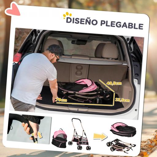 Carrito para Perros Pequeños 3 en 1 con Vagón Desmontable Cesta de Almacenaje Correas de Seguridad y Cojín Rosa [5]