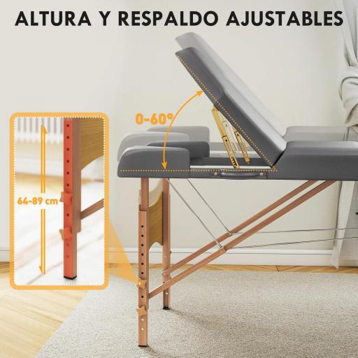 Camilla Masaje Plegable de Madera de 3 Zonas con Altura Respaldo Reposacabezas Ajustables Brazos 215x60x64-89 cm Gris [5]