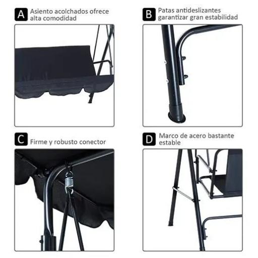 Balancín de Jardín con Techo Ajustable en Ángulo Carga Máx. 200 kg Acero 172x110x153 cm Negro [3]