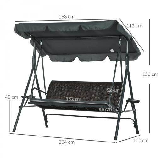 Columpio de Jardín de 3 Plazas con Toldo Ajustable Portavasos y Bandejas Carga 320 kg 204x112x150 cm Gris [1]