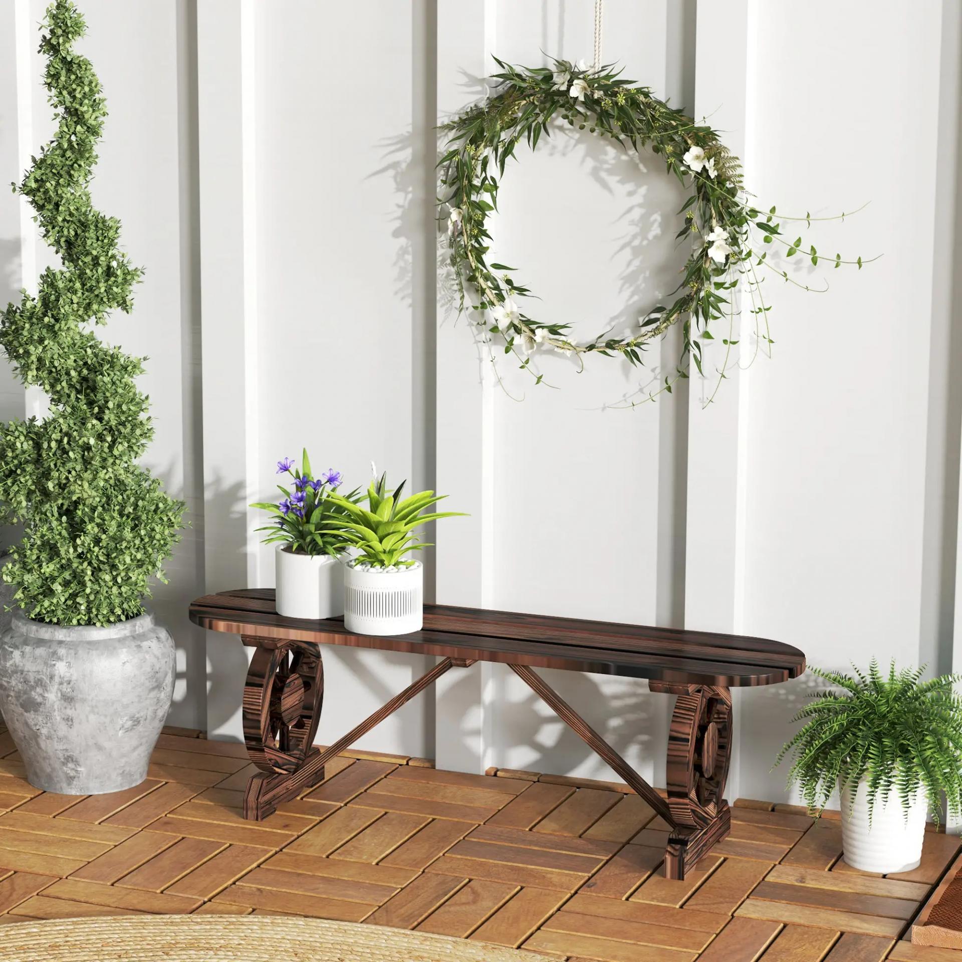 Banco de de Madera con 2 Ruedas Decorativas Estilo Rústico Carga 200 kg 120x29x39 cm Carbonizado