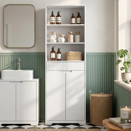 Armario Alto de Baño Columna de Baño Estrecha con 3 Estantes Abiertos Cajón Acanalado Estante Ajustable Blanco [0]