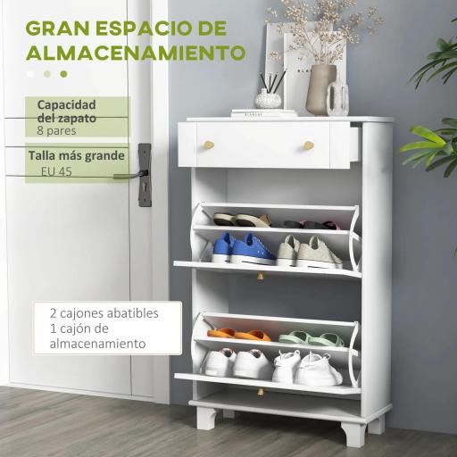 Mueble Zapatero Blanco Zapatero Estrecho con 2 Puertas Abatibles y 1 Cajón para 8 Pares de Zapatos 60x23,5x98,5 cm [2]