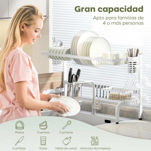 Escurreplatos de Acero de 2 Niveles para Fregadero con Soporte de Tabla de Corte y Cubiertos 100x30x54,5cm Blanco [2]