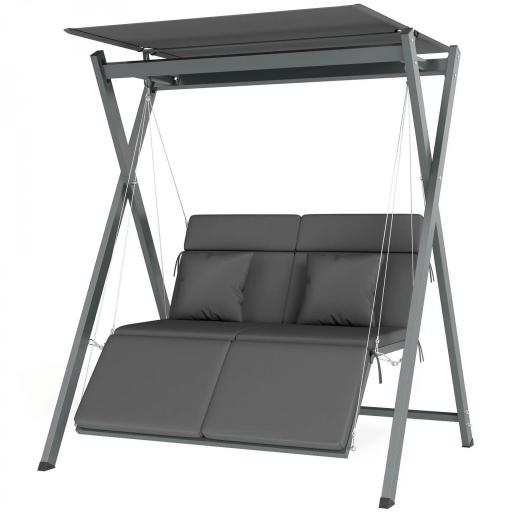 Columpio de Jardín de 2 Plazas Convertible en Cama con Toldo Ajustable UV30+ y Cojines 142x130x168 cm Gris Oscuro [9]