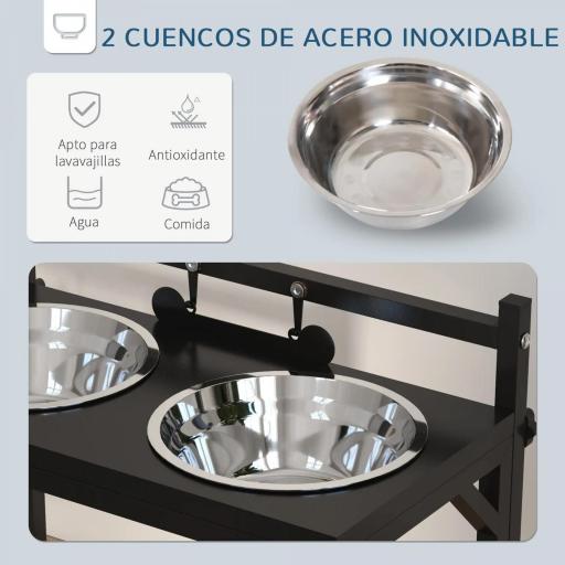 Comedero Elevado para Perros con 2 Tazones de Acero Inoxidable Altura Ajustable y 1 Placa de Metal 40,5x22x39 cm Negro [5]