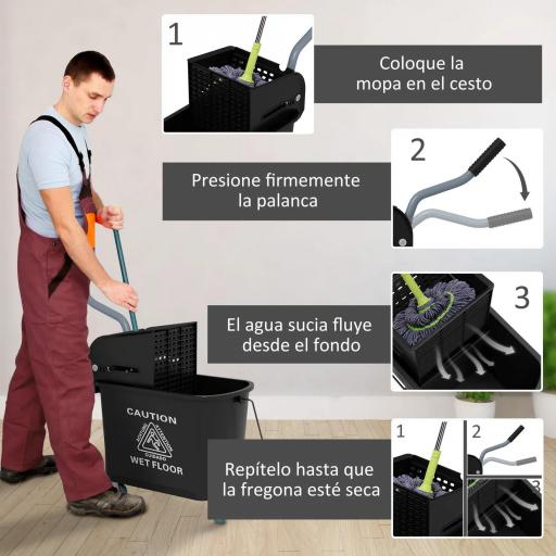 Cubo de Fregar 20L con Ruedas y Escurridor Cubo para Fregona con Separador de Agua 60x27x70,5 cm Negro [6]