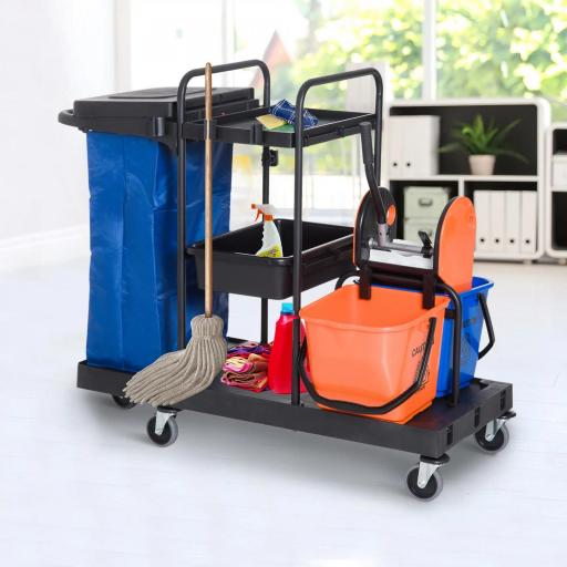 Carro de Limpieza con Bolsa de Basura Carro de Servicio con Cubos de Fregar de 18L Escurridor de Prensa y Estantes para Hotel 111x63,3x103 cm Multicolor