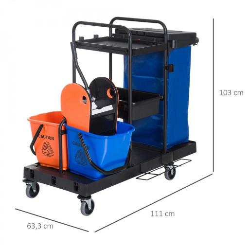 Carro de Limpieza con Bolsa de Basura Carro de Servicio con Cubos de Fregar de 18L Escurridor de Prensa y Estantes para Hotel 111x63,3x103 cm Multicolor [1]