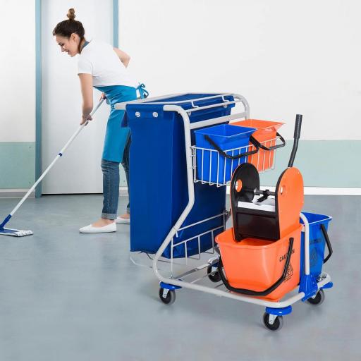 Carro de Limpieza con Bolsa de Basura Carro de Servicio con Doble Cubo de 18 Litros Escurridor de Prensa 2 Cubetas Auxiliares 93x80x97 cm Naranja y Azul