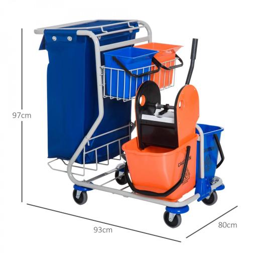 Carro de Limpieza con Bolsa de Basura Carro de Servicio con Doble Cubo de 18 Litros Escurridor de Prensa 2 Cubetas Auxiliares 93x80x97 cm Naranja y Azul [1]