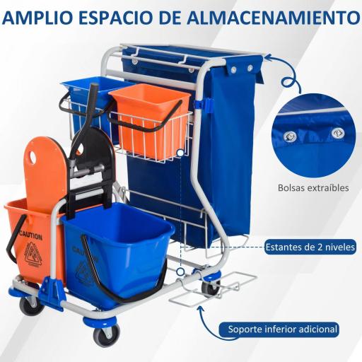 Carro de Limpieza con Bolsa de Basura Carro de Servicio con Doble Cubo de 18 Litros Escurridor de Prensa 2 Cubetas Auxiliares 93x80x97 cm Naranja y Azul [4]