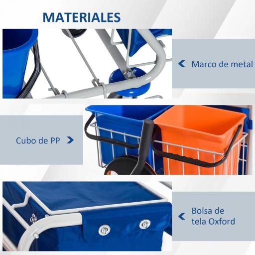 Carro de Limpieza con Bolsa de Basura Carro de Servicio con Doble Cubo de 18 Litros Escurridor de Prensa 2 Cubetas Auxiliares 93x80x97 cm Naranja y Azul [2]