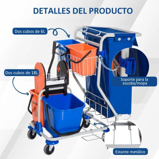 Carro de Limpieza con Bolsa de Basura Carro de Servicio con Doble Cubo de 18 Litros Escurridor de Prensa 2 Cubetas Auxiliares 93x80x97 cm Naranja y Azul [3]