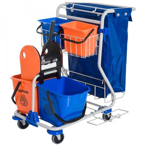 Carro de Limpieza con Bolsa de Basura Carro de Servicio con Doble Cubo de 18 Litros Escurridor de Prensa 2 Cubetas Auxiliares 93x80x97 cm Naranja y Azul [9]
