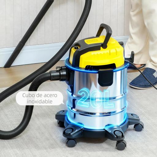 Aspirador en Seco y Húmedo 3 en 1 1200W con Función de Soplador Manguera 2 m Depósito Inoxidable 20L Amarillo [2]