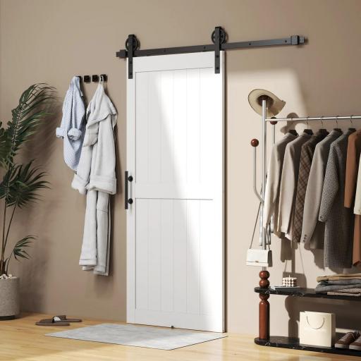 Puerta Corredera de Granero con Herrajes Manija Rodillo y Guía de Suelo Mejorados para Baño Salón 91,5x213,4 cm Blanco [3]