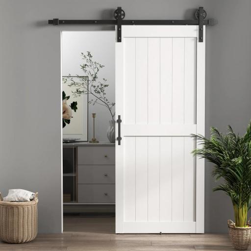 Puerta Corredera de Granero con Herrajes Manija Rodillo y Guía de Suelo Mejorados para Baño Salón 91,5x213,4 cm Blanco [5]