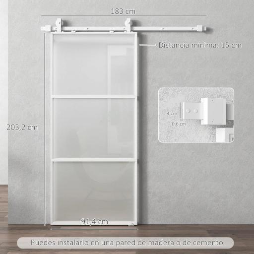 Puerta Corredera de Cristal con Herrajes Mecanismo Cierre Suave para Baño Salón 91,4x203,2 cm Blanco [8]