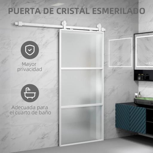 Puerta Corredera de Cristal con Herrajes Mecanismo Cierre Suave para Baño Salón 91,4x203,2 cm Blanco [5]