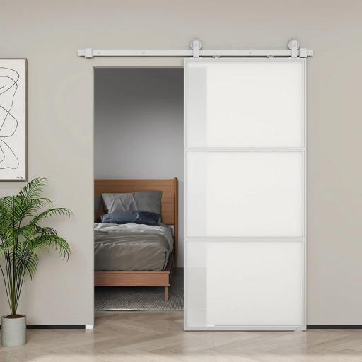 Puerta Corredera de Cristal con Herrajes Mecanismo Cierre Suave para Baño Salón 91,4x203,2 cm Blanco [7]