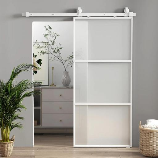 Puerta Corredera de Cristal con Herrajes Mecanismo Cierre Suave para Baño Salón 91,4x203,2 cm Blanco [4]