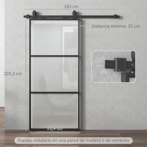 Puerta Corredera de Cristal con Herrajes Mecanismo Cierre Suave para Baño Salón 91,4x203,2 cm Negro  [7]