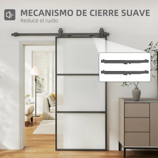 Puerta Corredera de Cristal con Herrajes Mecanismo Cierre Suave para Baño Salón 91,4x203,2 cm Negro  [3]