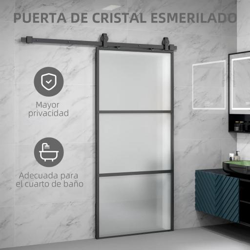Puerta Corredera de Cristal con Herrajes Mecanismo Cierre Suave para Baño Salón 91,4x203,2 cm Negro  [6]