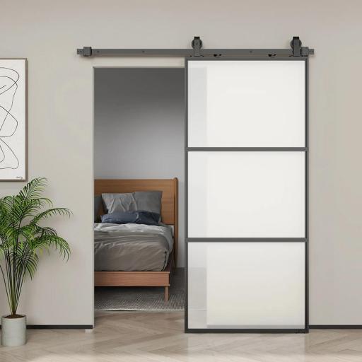 Puerta Corredera de Cristal con Herrajes Mecanismo Cierre Suave para Baño Salón 91,4x203,2 cm Negro  [8]