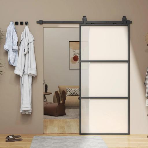 Puerta Corredera de Cristal con Herrajes Mecanismo Cierre Suave para Baño Salón 91,4x203,2 cm Negro  [9]