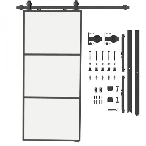 Puerta Corredera de Cristal con Herrajes Mecanismo Cierre Suave para Baño Salón 91,4x203,2 cm Negro  [4]