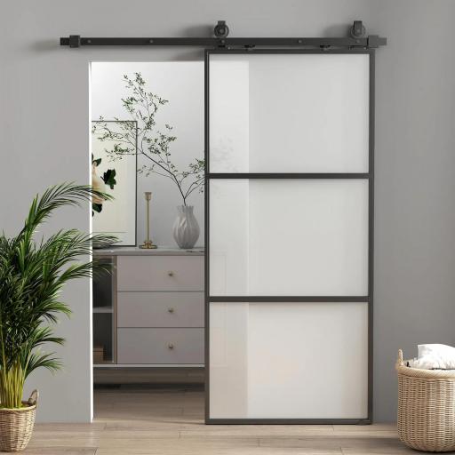 Puerta Corredera de Cristal con Herrajes Mecanismo Cierre Suave para Baño Salón 91,4x203,2 cm Negro  [5]