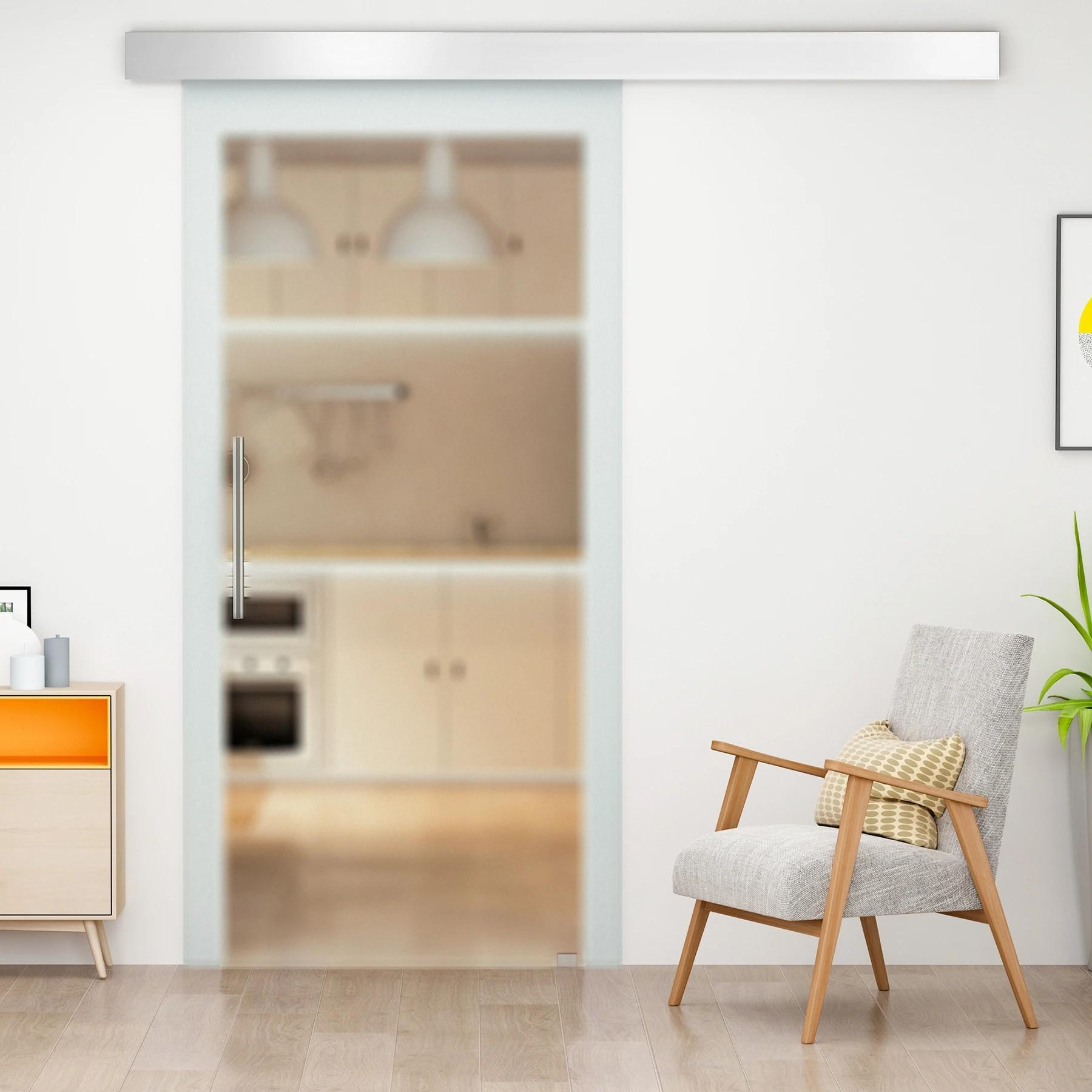 Puerta Corredera de Cristal 77,5x205 cm Puerta Corrediza Deslizante con Riel de Cristal de Seguridad Translúcido