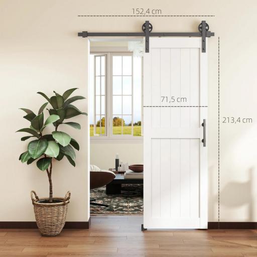 Puerta Corredera de Granero con Herrajes Manija Rodillo y Guía de Suelo Mejorados para Baño Salón 71,5x213,4 cm Blanco [4]