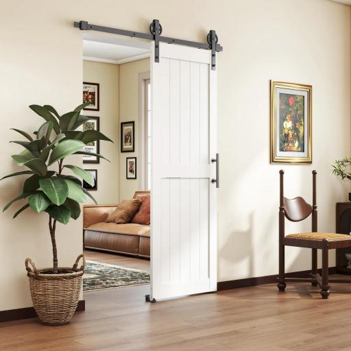 Puerta Corredera de Granero con Herrajes Manija Rodillo y Guía de Suelo Mejorados para Baño Salón 71,5x213,4 cm Blanco [2]