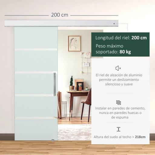 Puerta Corredera de Cristal 77,5x205 cm Puerta Corrediza Deslizante con Riel de Cristal de Seguridad Translúcido [2]