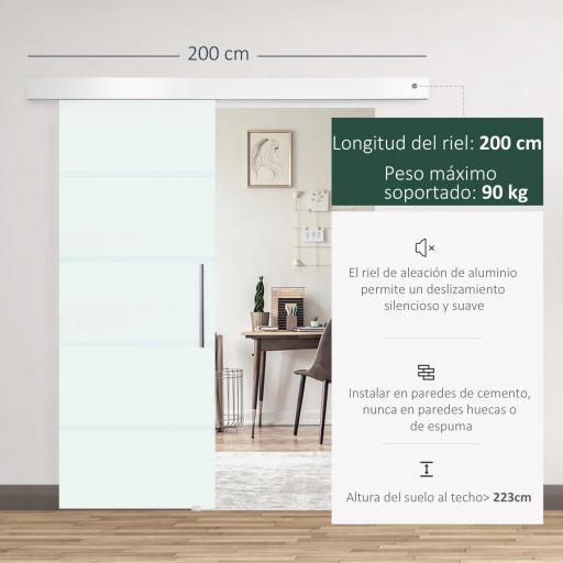 Puerta Corredera de Cristal Satinado 75x210 cm Puerta Corrediza con Riel Tirador y Cristal de Seguridad Translúcido [2]