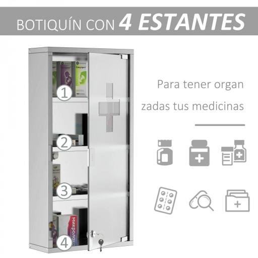 Armario de Medicinas Botiquín Gabinete de Primero Auxilios Acero Inox 4 Estantes Caja Colgante de Pared con Cerradura [5]