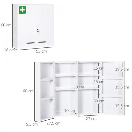 Botiquín para Medicinas de 3 Niveles Armario de Botiquín con Cerradura y 2 Llaves para Cocina Baño 55x18x60 cm Blanco [2]