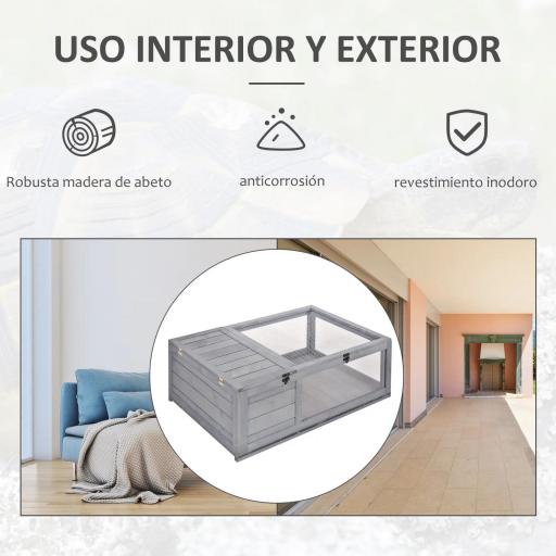 Casa para Tortugas de Madera con Techo de Malla y Paneles Laterales Transparentes Extraíbles 91x60,5x32 cm Gris [2]